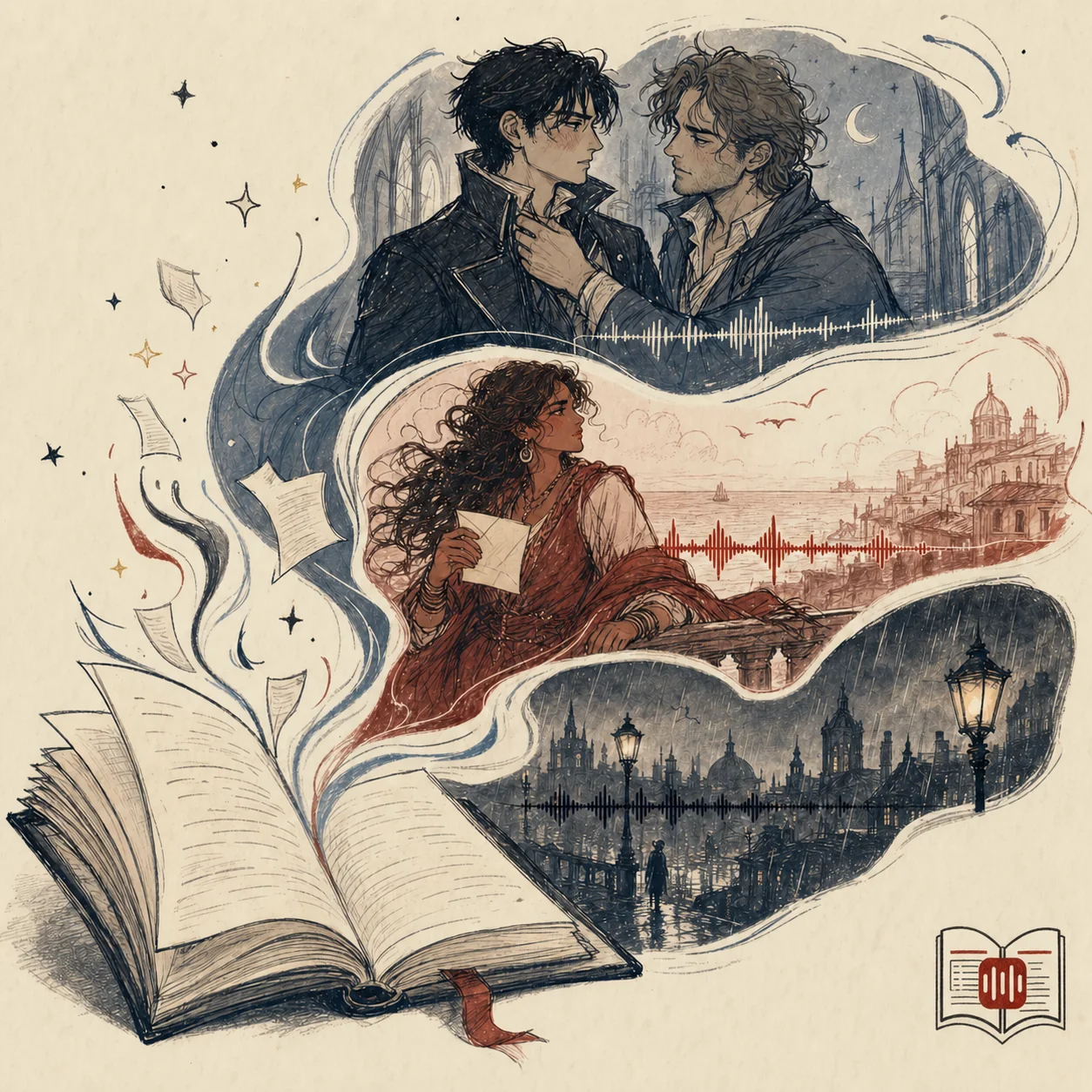 An open fanfiction book releasing three audio-drama worlds: two adult men sharing a tense gothic scene, a historical heroine by the sea, and a rain-soaked supernatural city